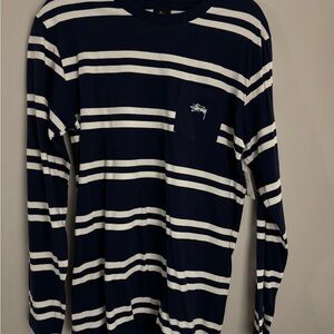 Stussy Men's Long Sleeve Navy and White Tee